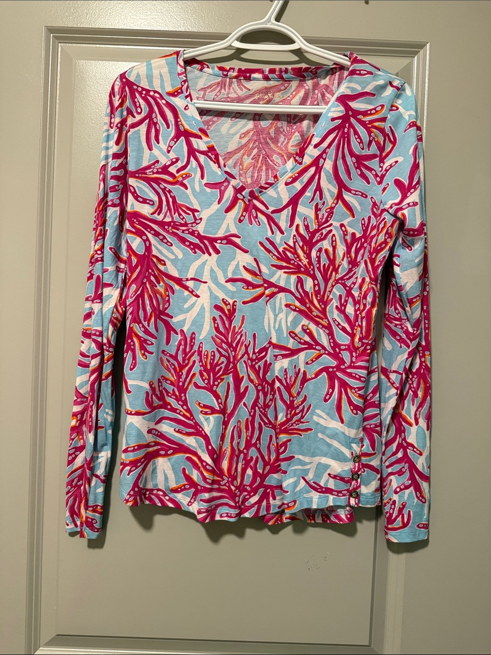 Lilly Pulitzer Pink Coral-Print V-Neck Long Sleeve Top on Light Blue